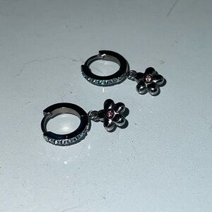 July Child Jewellry Silver Huggie Earrings with blue and pink CZs and flower